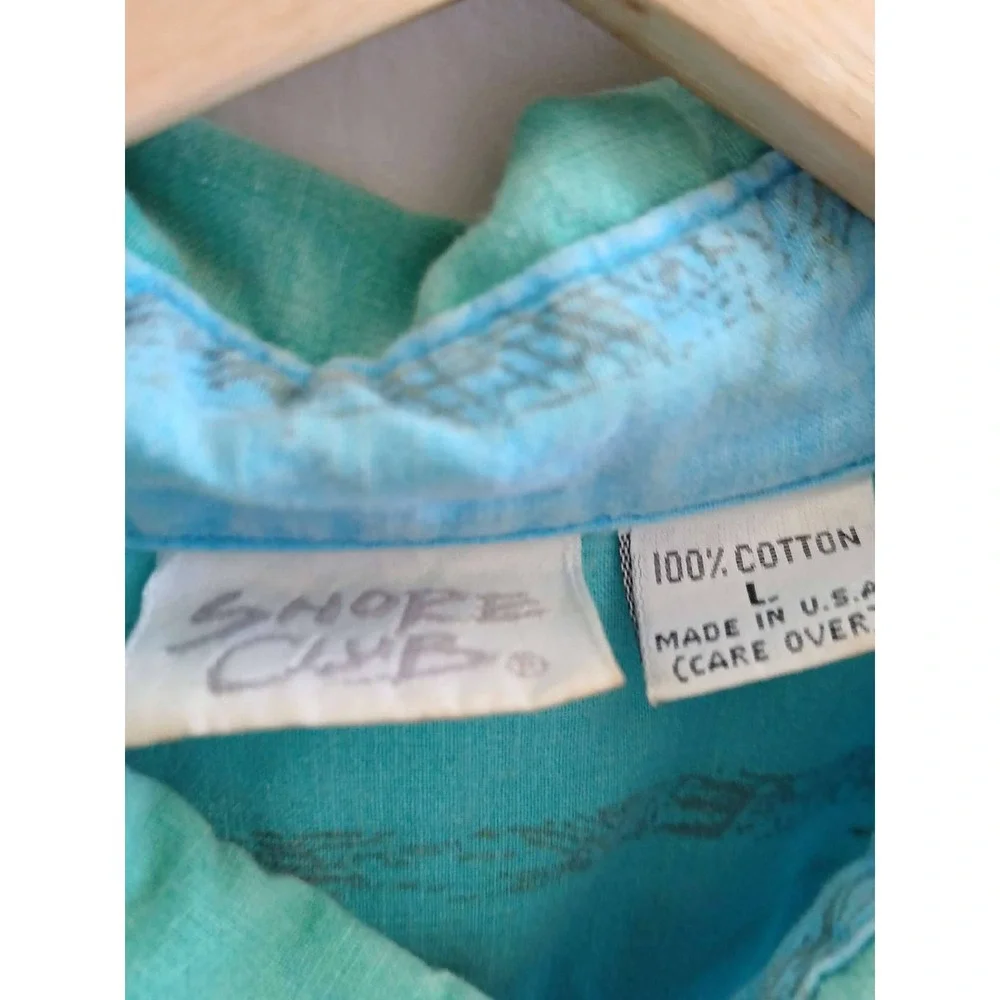 Shore Club Mens Vintage Teal Blue Striped Cotton Short Sleeve - Picture 2 of 2
